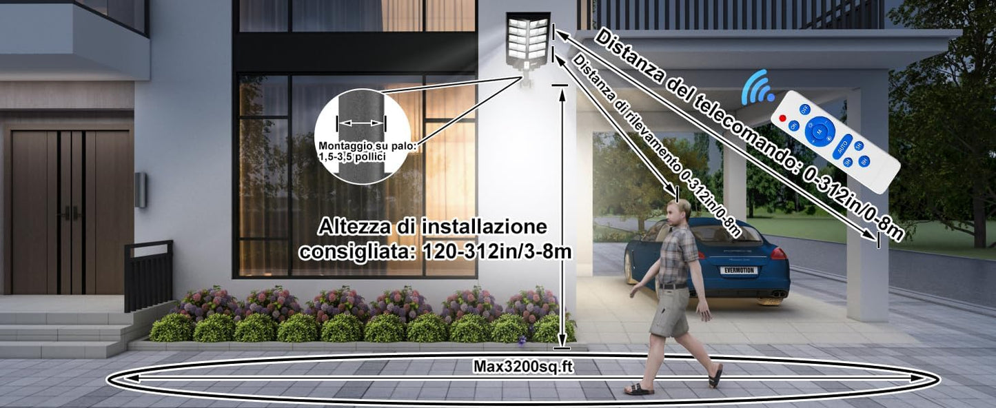 Lampione Stradale LED 1600W, Illuminazione Esterna con Pannello Solare, Telecomando e Staffa di Montaggio, Impermeabile con Sensore di Movimento