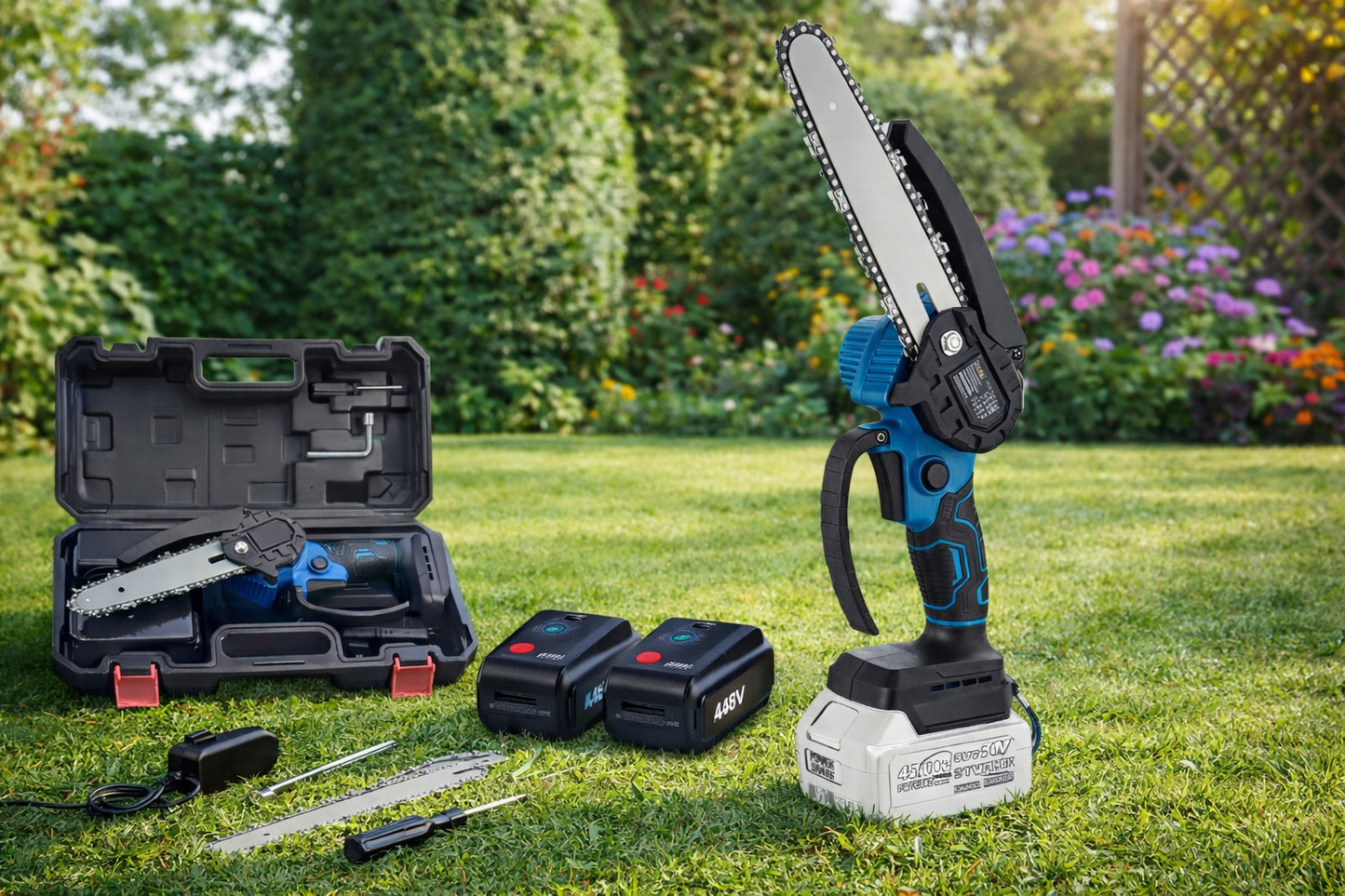 Motosega Elettrica a Batteria 48V 8 Pollici, Mini Motosega Portatile con 2 Batterie Ricaricabili, Sega a Catena per Potatura e Taglio Legna