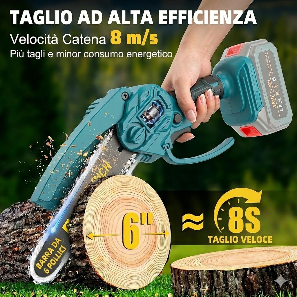Mini Motosega a Batteria 48VF con Doppia Lama 6" e 8", Motosega Elettrica Portatile per Potatura con 2 Batterie, Kit Professionale per Taglio Legno e Giardinaggio, Valigetta e Accessori Inclusi