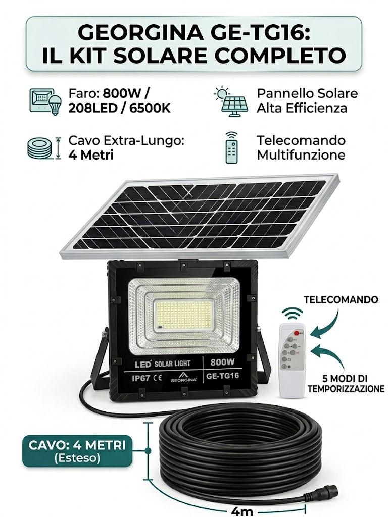 Faro LED Solare 800W da Esterno Alta Potenza - Sistema Luce Solare LED 6500K con Pannello Solare Indipendente, Cavo e Telecomando, Impermeabile IP67