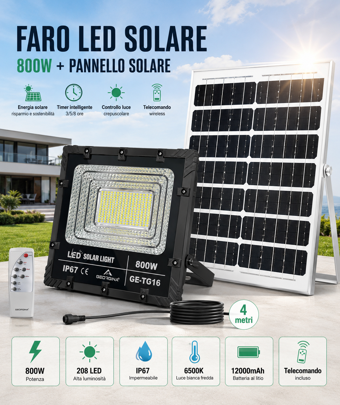Faro LED Solare 800W da Esterno Alta Potenza - Sistema Luce Solare LED 6500K con Pannello Solare Indipendente, Cavo e Telecomando, Impermeabile IP67