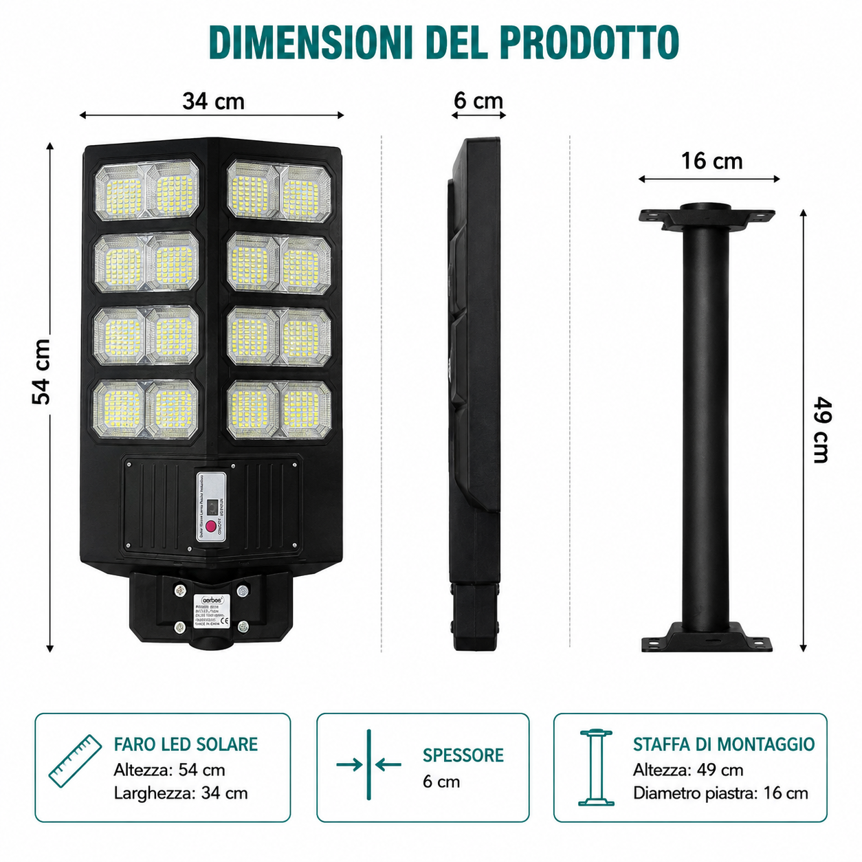 LED da Esterno 800W con Asta 49cm - Lampione Stradale Solare con Sensore di Movimento Radar, Telecomando, Impermeabile IP65 - Luce Fredda per Giardino, Cortile, Strada