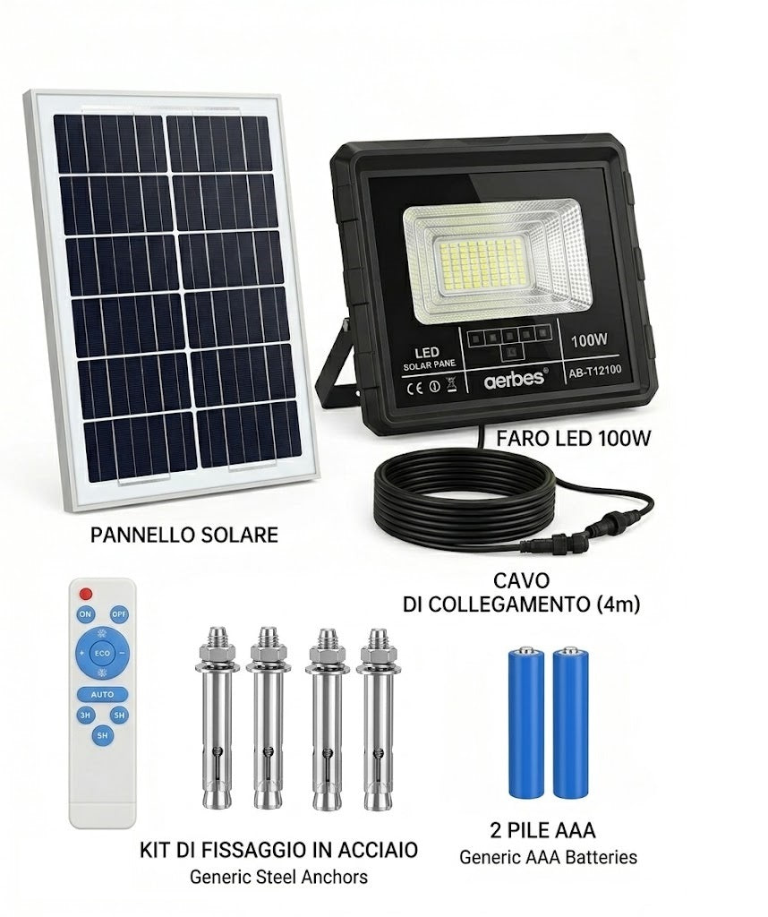 Faretto LED 100W Solare, Lampada LED Esterno Energia Solare 7500K, Proiettore Solare Professionale con Telecomando e Timer, Luce di Sicurezza Impermeabile per Parete e Esterni