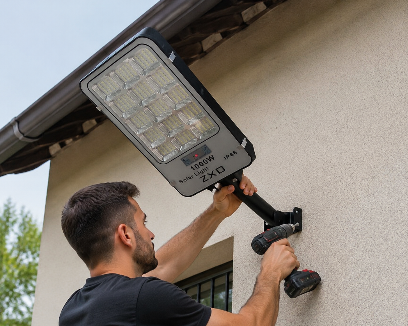 Faro Solare LED Esterno 1000W Potente, Luce Solare Led Esterno con Sensore di Movimento, 6500K, Autonomia 14 Ore, Lampada Solare Crepuscolare con Telecomando e Staffa di Ancoraggio