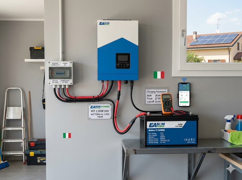 Kit Solare Off-Grid 3.2kW 24V – Inverter Ibrido EASUN SMH II 3200W con Batteria Litio LiFePO4 25.6V 100Ah – Sistema Fotovoltaico Completo per Casa, Camper, Baita e Backup Energetico
