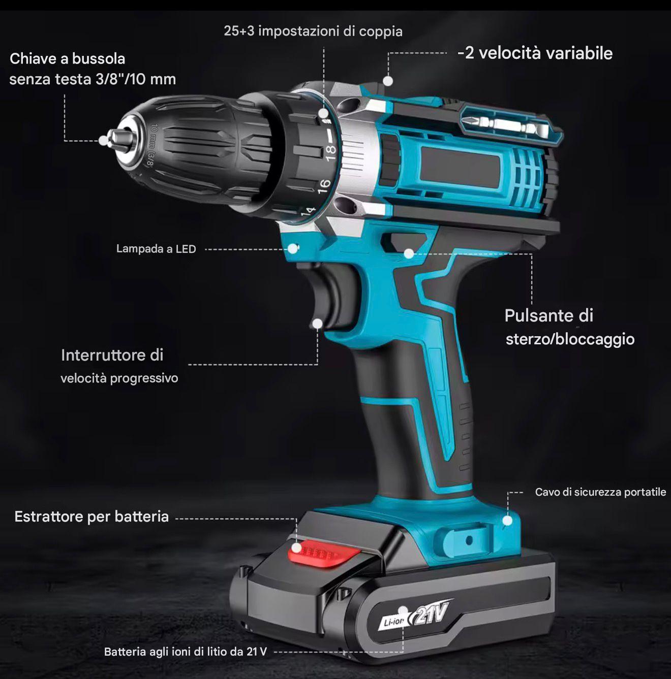 Avvitatore A Batteria 42 V: Trapano Avvitatore Batteria 42Nm Con 2 Batteries 2.0Ah,25+3 Coppia, 24Pcs Punte Da Trapano, 2 Velocità, Luce Led