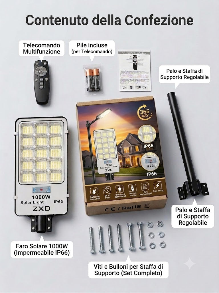 Faro Solare LED Esterno 1000W Potente, Luce Solare Led Esterno con Sensore di Movimento, 6500K, Autonomia 14 Ore, Lampada Solare Crepuscolare con Telecomando e Staffa di Ancoraggio