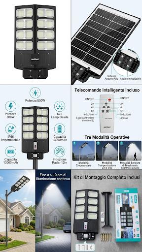 LED da Esterno 800W con Asta 49cm - Lampione Stradale Solare con Sensore di Movimento Radar, Telecomando, Impermeabile IP65 - Luce Fredda per Giardino, Cortile, Strada