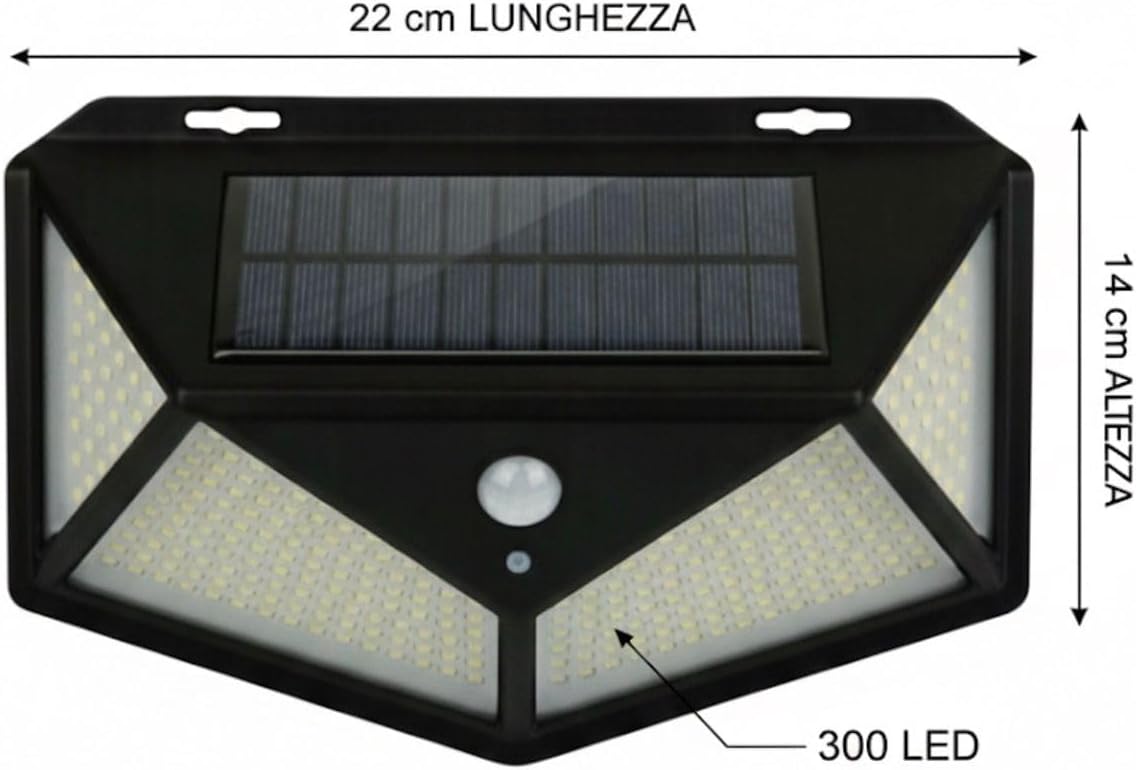 Generico 4x Faretto Faro solare 300 Led con sensore di movimento impermeabile da esterno 900LM IP65 Luce Bianca Fredda [Classe di efficienza energetica A]