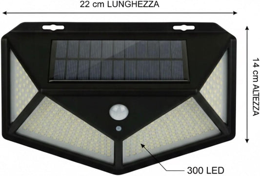 Generico 4x Faretto Faro solare 300 Led con sensore di movimento impermeabile da esterno 900LM IP65 Luce Bianca Fredda [Classe di efficienza energetica A]