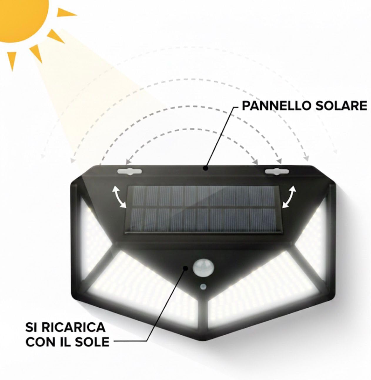 Generico 4x Faretto Faro solare 300 Led con sensore di movimento impermeabile da esterno 900LM IP65 Luce Bianca Fredda [Classe di efficienza energetica A]