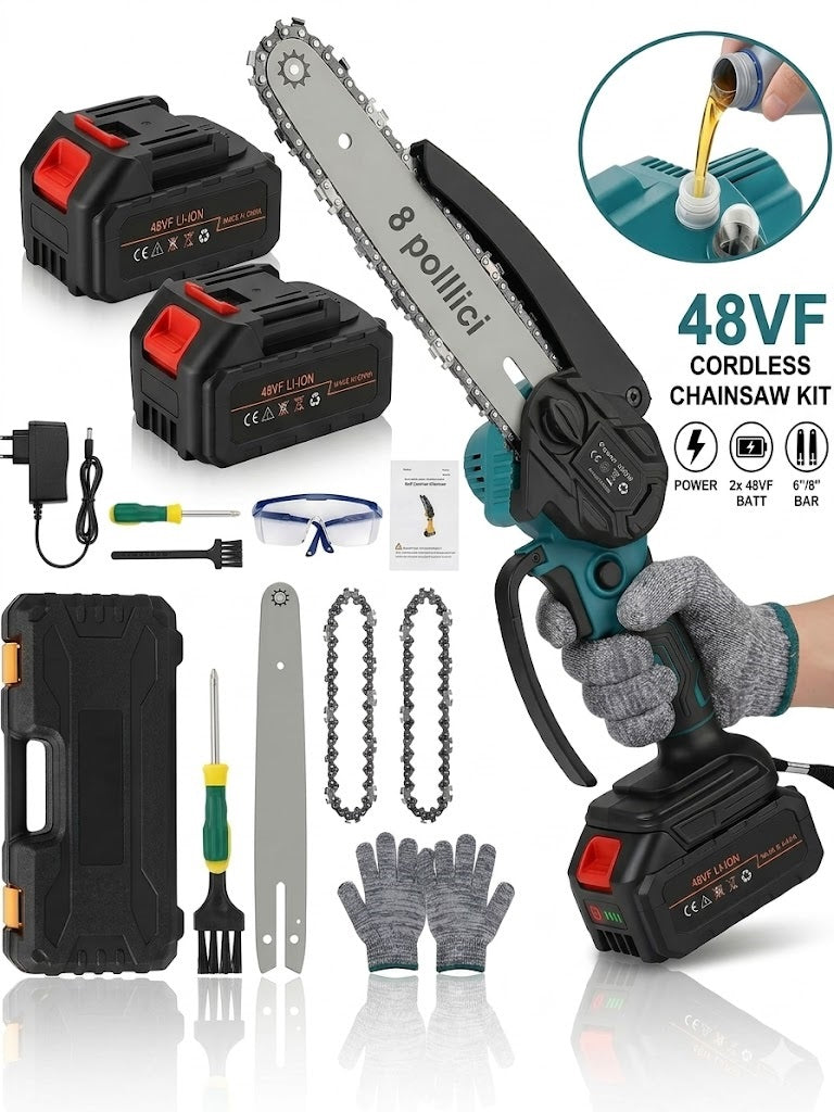 Mini Motosega a Batteria 48VF con Doppia Lama 6" e 8", Motosega Elettrica Portatile per Potatura con 2 Batterie, Kit Professionale per Taglio Legno e Giardinaggio, Valigetta e Accessori Inclusi