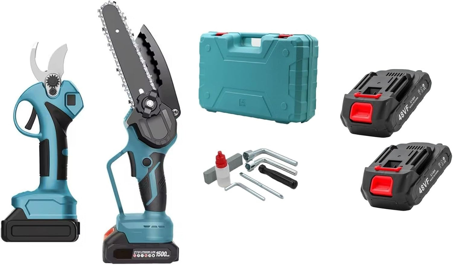 Kit Potatura Motosega + Forbice Elettrico Doppia Batteria 48V 2000Mah a Litio Completo di Valigetta Rigida Protettiva Trincia Rami,Cesoia,da Potatura