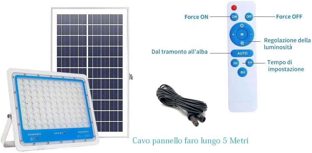 Faro Led 1000w Completo di Pannello Fotovoltaico 6500k,Impermabile IP66 con Sensore di Movimento,Crepuscolare,Telecomando, da Esterno