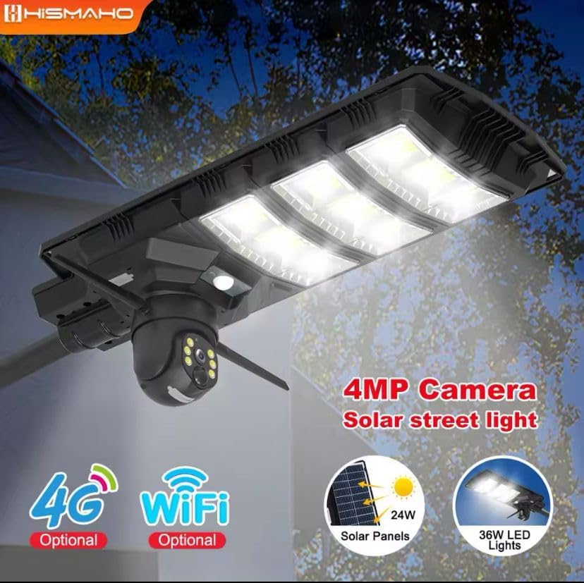 Generico Lampione Stradale Solare da 800W con Pannello Fotovoltaico, Telecamera HD 2K, Telecomando, Staffa, IP65 [Classe di efficienza energetica A]