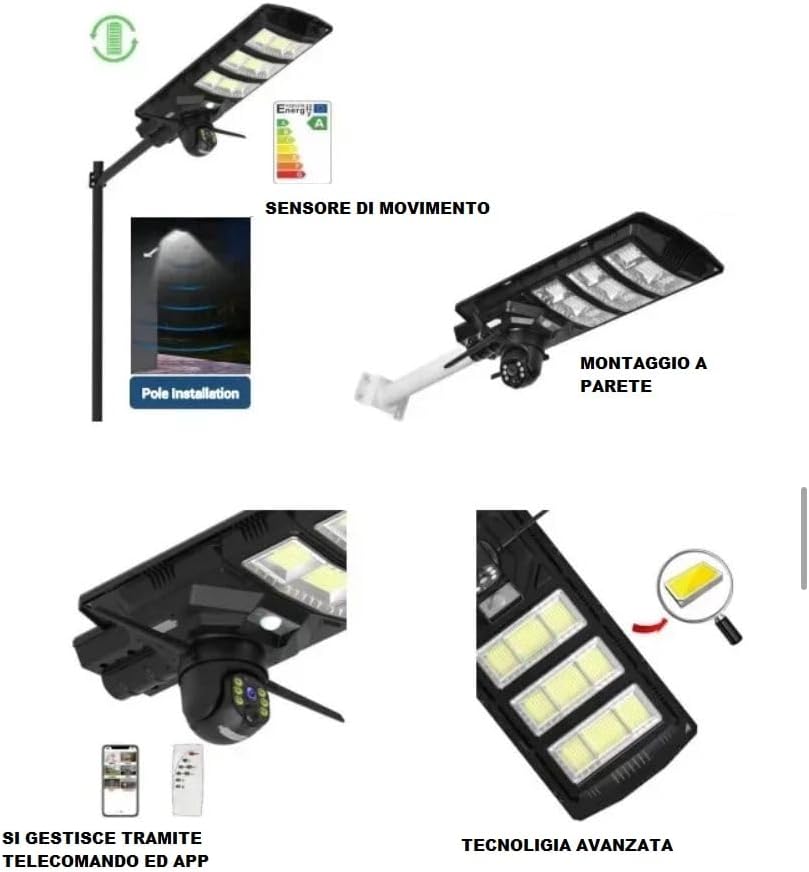 Generico Lampione Stradale Solare da 800W con Pannello Fotovoltaico, Telecamera HD 2K, Telecomando, Staffa, IP65 [Classe di efficienza energetica A]