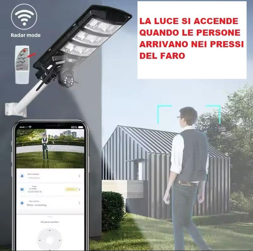 Generico Lampione Stradale Solare da 800W con Pannello Fotovoltaico, Telecamera HD 2K, Telecomando, Staffa, IP65 [Classe di efficienza energetica A]