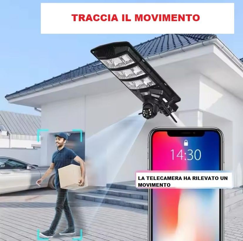 Generico Lampione Stradale Solare da 800W con Pannello Fotovoltaico, Telecamera HD 2K, Telecomando, Staffa, IP65 [Classe di efficienza energetica A]
