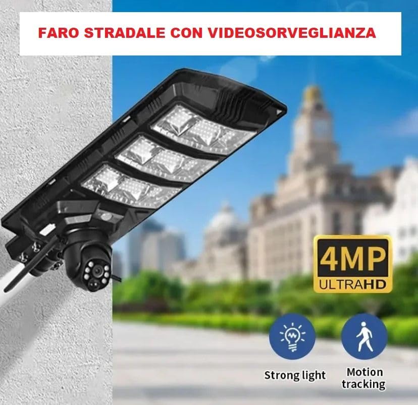 Generico Lampione Stradale Solare da 800W con Pannello Fotovoltaico, Telecamera HD 2K, Telecomando, Staffa, IP65 [Classe di efficienza energetica A]