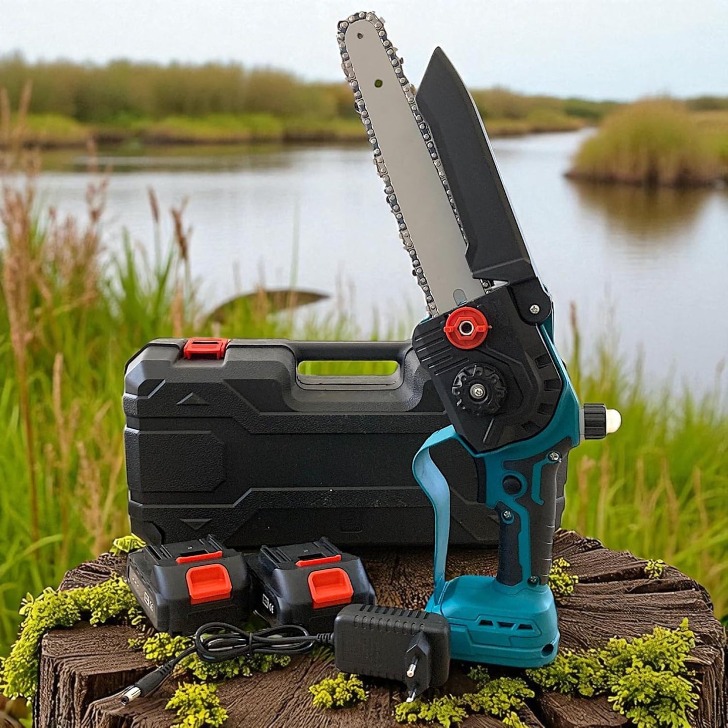 Mini Motosega Potatore con Doppia Batteria 48V Lama 8" con oleatore, registrazione Catena Senza l'utilizzo di utensili Motosega Elettrica per il Taglio del Legno e Giardini DIY