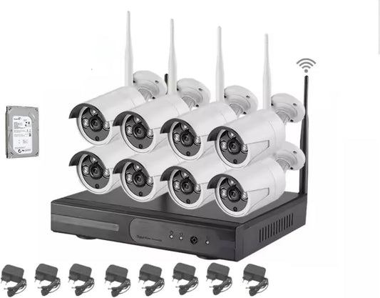 Kit Videosorveglianza 8 Telecamere Canali 5G DVR NVR HD da Interno ed Esterno Impermeabili + Hard Disck da 500GB per Registrare immagine Video, Completo di Mouse Alimentatori Wi-fi Visione Notturna