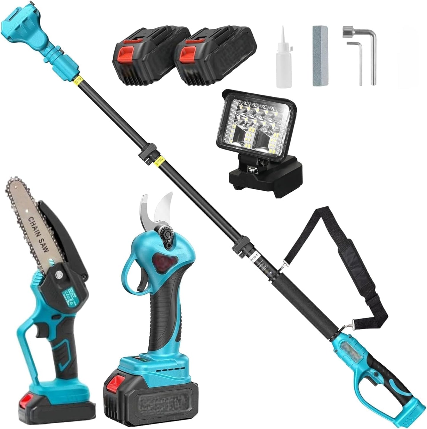 Kit Potatura, 4 in 1 Motosega 8" con Lubrificazione Olio + Cesoia Forbice Taglio 40mm + Lampada Led + Asta Telescopica con 2 Batterie da 88VF 8Ah per Potatura Alberi Piante Siepi DIY