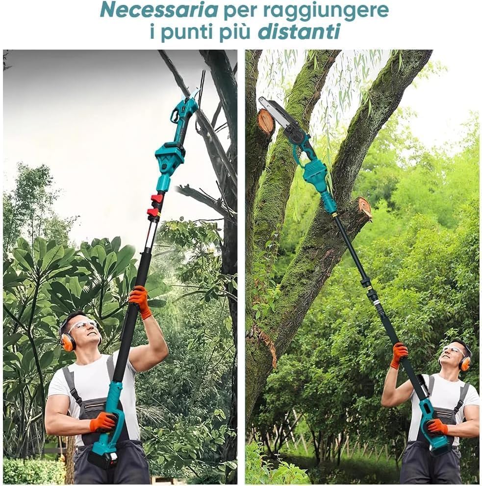 Kit Potatura, 4 in 1 Motosega 8" con Lubrificazione Olio + Cesoia Forbice Taglio 40mm + Lampada Led + Asta Telescopica con 2 Batterie da 88VF 8Ah per Potatura Alberi Piante Siepi DIY