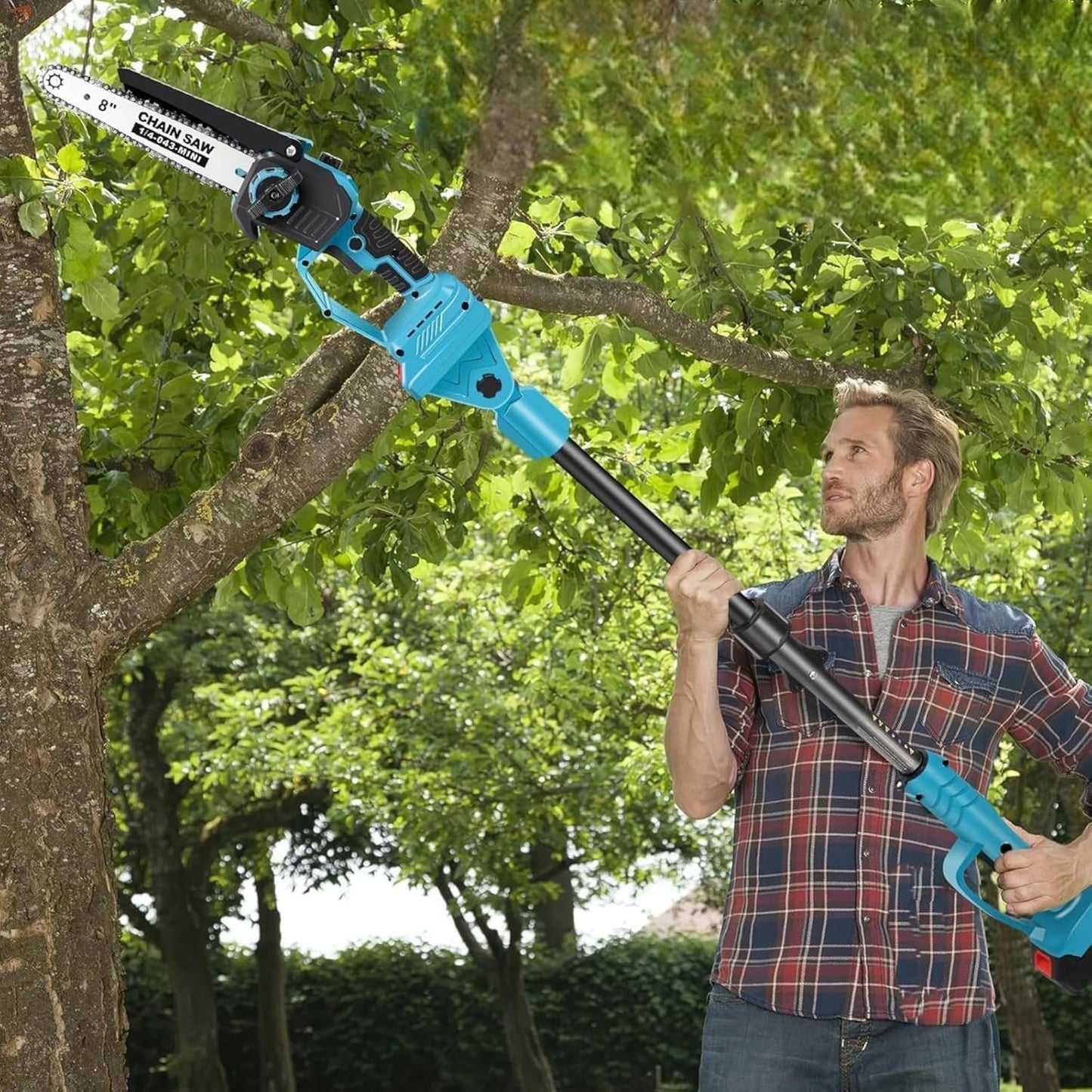 Kit Potatura, 4 in 1 Motosega 8" con Lubrificazione Olio + Cesoia Forbice Taglio 40mm + Lampada Led + Asta Telescopica con 2 Batterie da 88VF 8Ah per Potatura Alberi Piante Siepi DIY