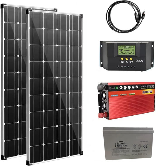 Kit Fotovoltaico Pannello Solare Mono. 2x 250W Regolatore di Carica Solare da 30A,Inverter 3000w 12v, Batteria 120AH al gel da accumulo Cavo Solare da 2.5M, per Camper, Roulotte,Chalet,Abitazione