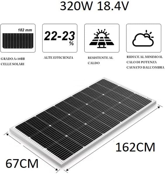 Pannello Solare Fotovoltaico Monocristallino 320W, 18V, Alta Efficienza per Camper, Casa, Baita e Barche, Modulo Solare con Cavo di Connessione