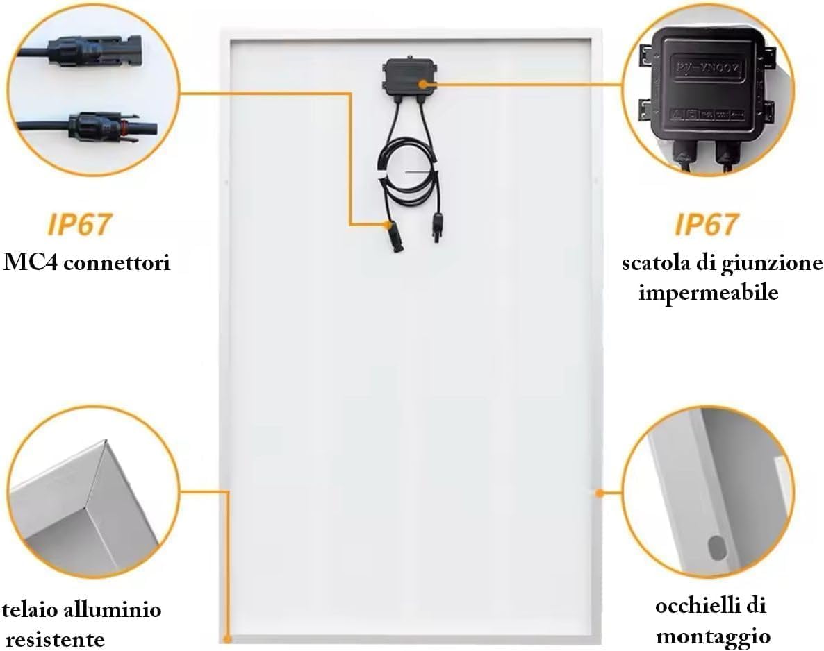 Pannello Solare Fotovoltaico Monocristallino 320W, 18V, Alta Efficienza per Camper, Casa, Baita e Barche, Modulo Solare con Cavo di Connessione