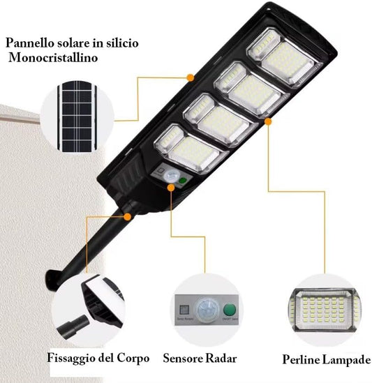 Faro Lampione Stradale 400W 6500k con Pannello Solare Fotovoltaico Completo di Telecomando e Staffe Impermeabile IP65 da Esterno 12 ore
