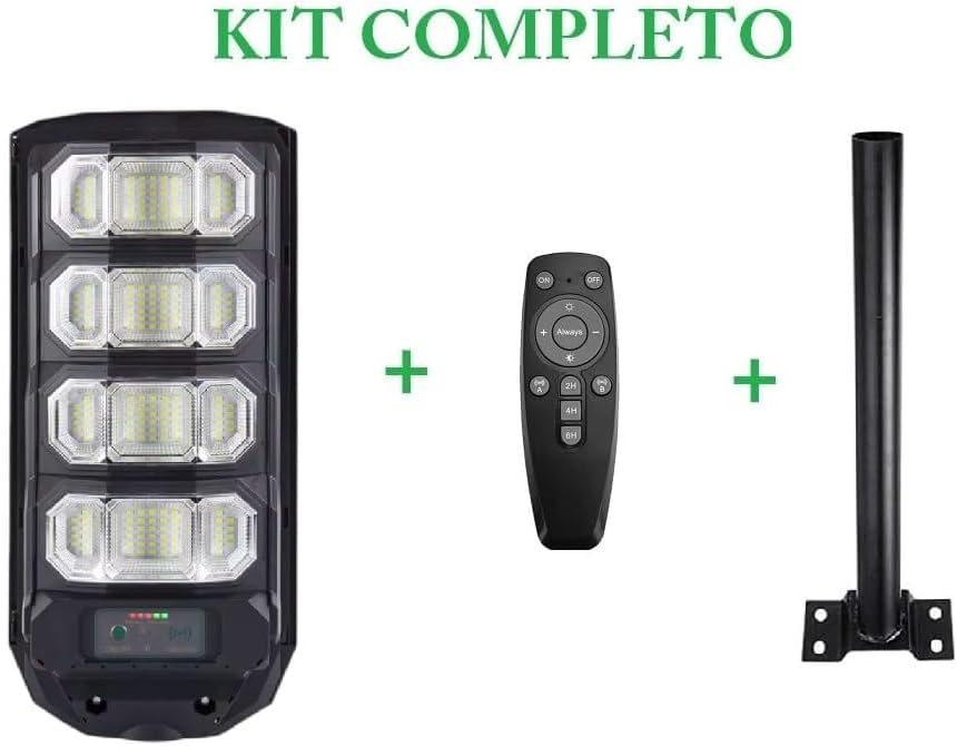 Faro Lampione Stradale 400W 6500k con Pannello Solare Fotovoltaico Completo di Telecomando e Staffe Impermeabile IP65 da Esterno 12 ore