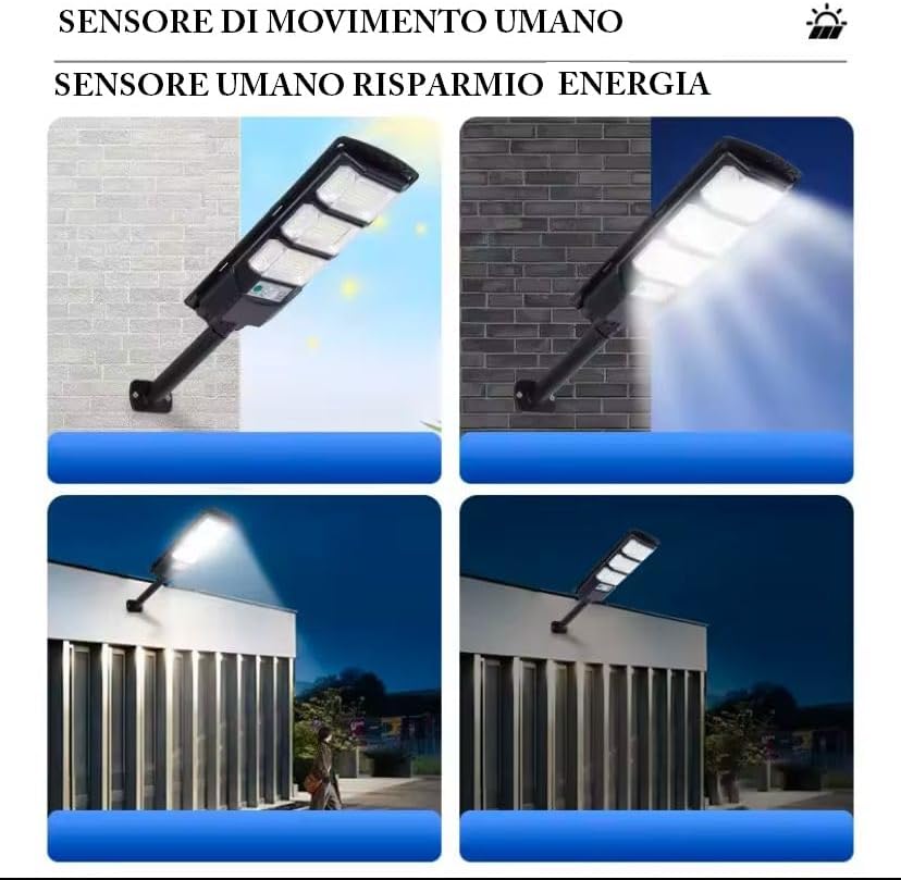 Faro Lampione Stradale 400W 6500k con Pannello Solare Fotovoltaico Completo di Telecomando e Staffe Impermeabile IP65 da Esterno 12 ore
