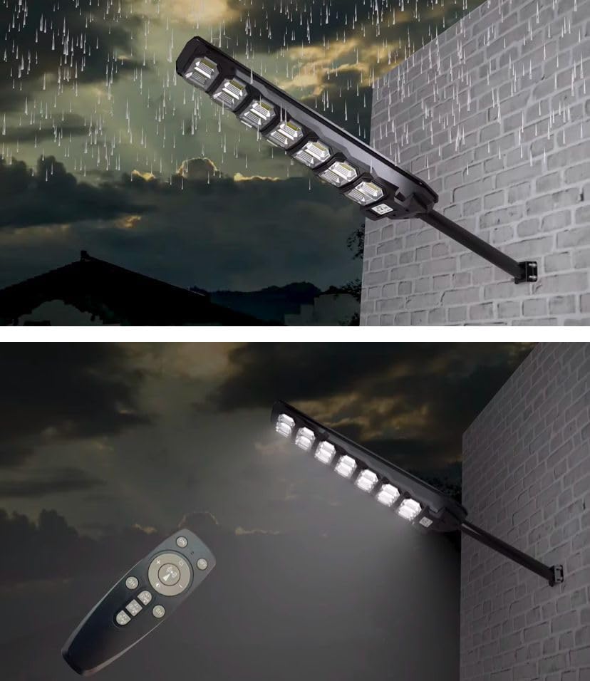 Faro Lampione Stradale 400W 6500k con Pannello Solare Fotovoltaico Completo di Telecomando e Staffe Impermeabile IP65 da Esterno 12 ore