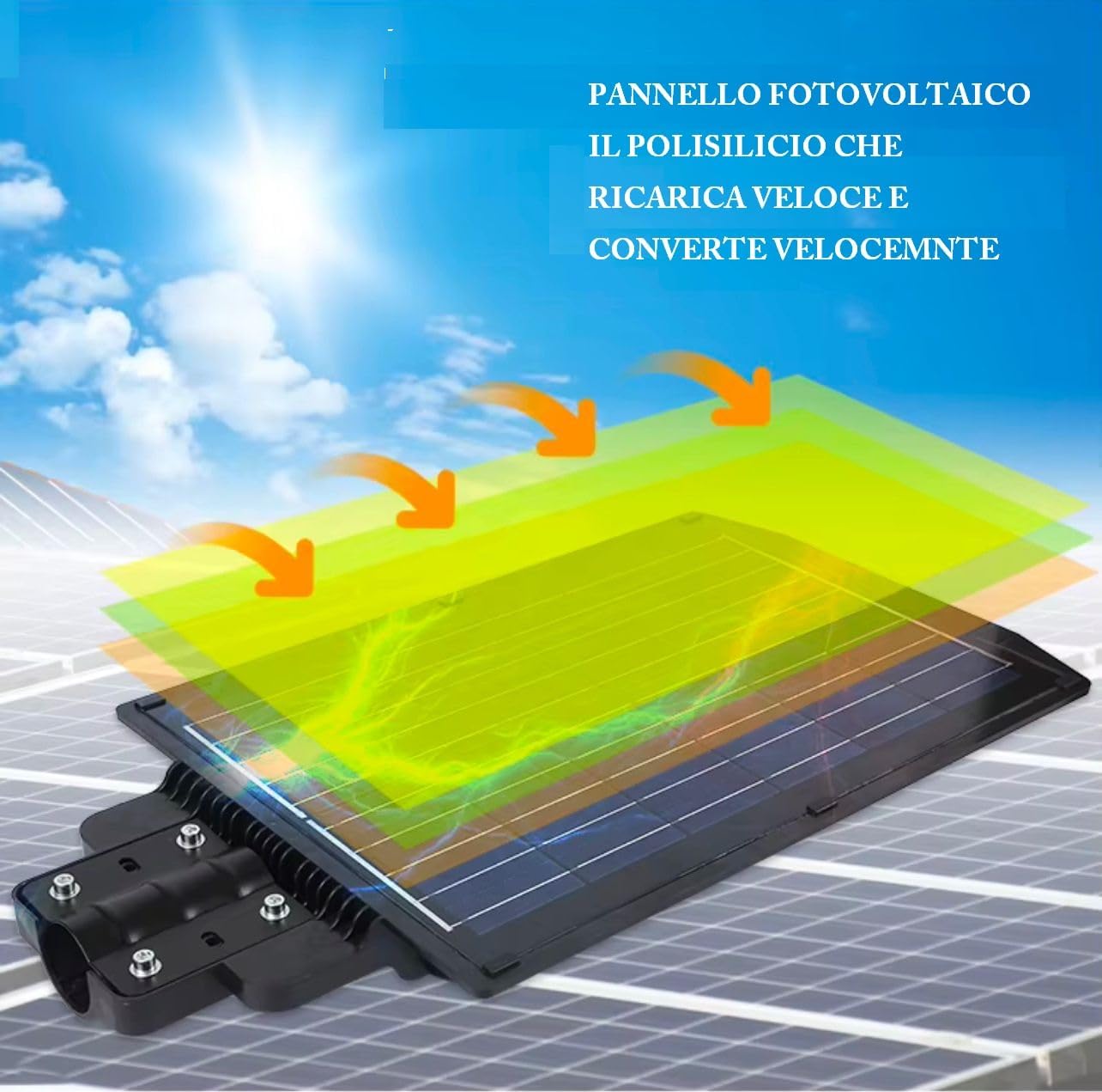 Faro Lampione Stradale 400W 6500k con Pannello Solare Fotovoltaico Completo di Telecomando e Staffe Impermeabile IP65 da Esterno 12 ore