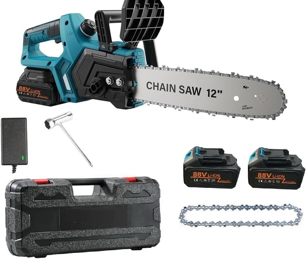 Motosega con Barra da 12 Pollici Doppia Batteria da 88V Ricaricabile con Serbatoio dell'Olio, Brushless, Kit Completo con 2 Batterie Li-ion e Valigetta