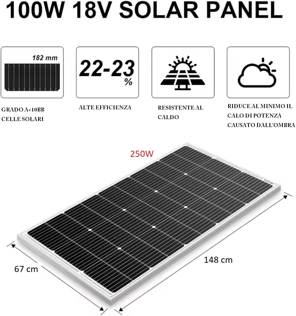 Pannello Solare Fotovoltaico 250W 12/18V Dimensioni: 148 × 67 × 3 cm Monocristallino Adatto Veicoli, camper e barche