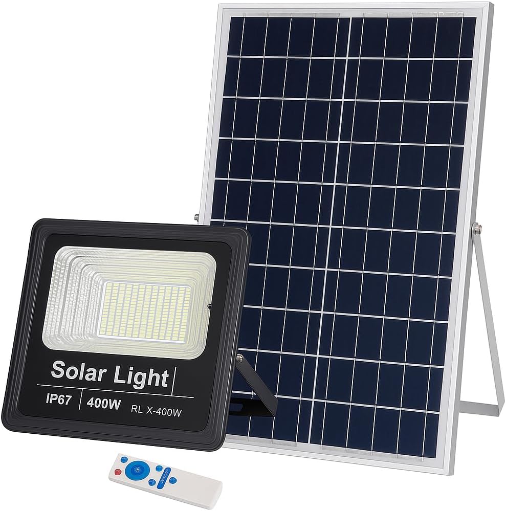 Faro Solare LED da Esterno 400W con Pannello Solare e Telecomando, IP67, Batteria Rimovibile, Sensore Crepuscolare & Timer, Indicatore LED Batteria/Luminosità – Per Giardino, Cortile, Parcheggio [Classe di efficienza energetica A]