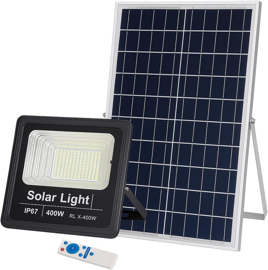 Faro Solare LED da Esterno 400W con Pannello Solare e Telecomando, IP67, Batteria Rimovibile, Sensore Crepuscolare & Timer, Indicatore LED Batteria/Luminosità – Per Giardino, Cortile, Parcheggio [Classe di efficienza energetica A]