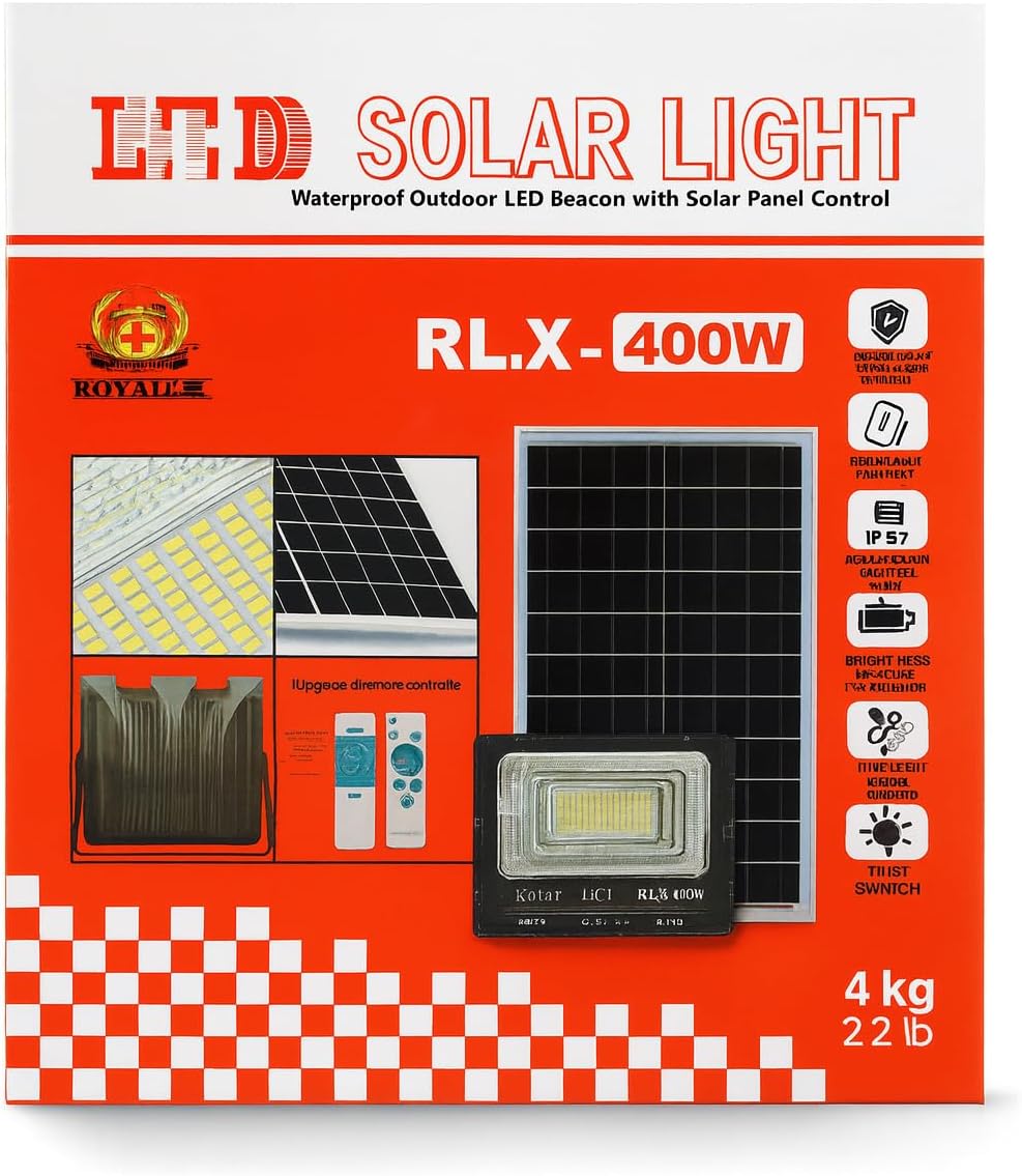 Faro Solare LED da Esterno 400W con Pannello Solare e Telecomando, IP67, Batteria Rimovibile, Sensore Crepuscolare & Timer, Indicatore LED Batteria/Luminosità – Per Giardino, Cortile, Parcheggio [Classe di efficienza energetica A]