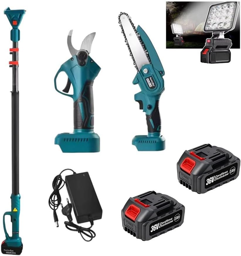 Kit Potatura Motosega Elettrico Forbice Elettrico Faro led da lavoro illuminazione con 2 Batteria 36 V Asta Telescopica per Potatura Alberi Piante Siepi