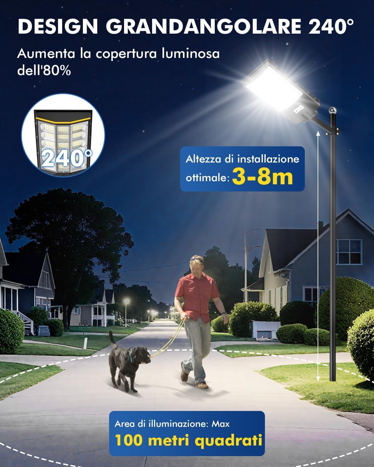 Lampione Solare da Esterno 600W con Pannello Fotovoltaico, Faro LED 6500K Super Luminoso con Sensore di Movimento, IP65 Impermeabile, Luce Stradale per Giardino, Cortile, Parcheggio e Vialetti [Classe di efficienza energetica A]