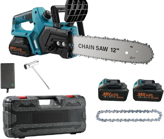 Motosega a Batteria 88V, 12 Pollici, 1200W Brushless, Kit Completo con 2 Batterie Li-ion e Valigetta